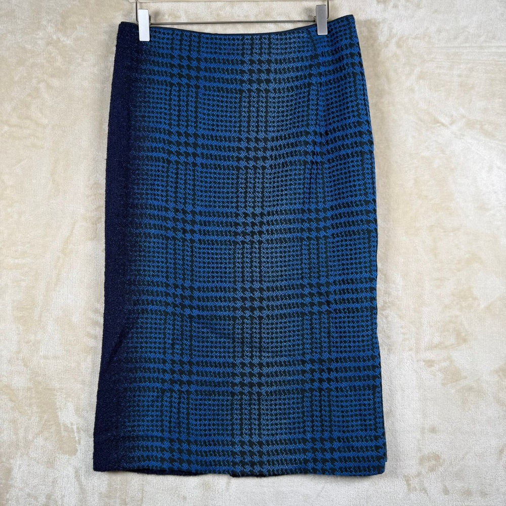 Lafayette 148 New York Blue Black Houndstooth Wool Blend‎ Midi Pencil Skirt 8